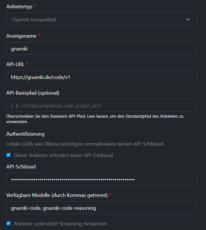 Goose: Custom Provider anlegen – Anbietertyp OpenAI-kompatibel, Anzeigename gruenki, API-URL https://gruenki.de/code/v1, API-Schlüssel, Modelle gruenki-code und gruenki-code-reasoning, Streaming aktiv